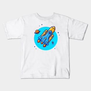 Space Shuttle Flying with Planet and Satellite Cartoon Vector Icon Illustration Kids T-Shirt